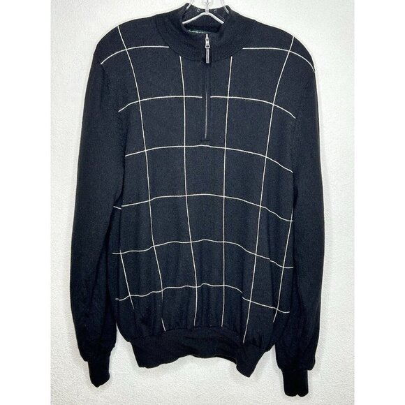 Fairway & Greene 1/4 Zip Merino Wool Mens Medium Zurich Black White Grid Golf - Picture 1 of 14